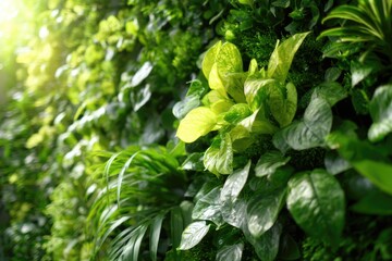 Obraz premium Close up of a vibrant vertical garden wall in an urban apartment, sunlight highlighting different green leaves.