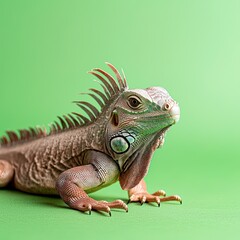 Obraz premium A tiny iguana basking, spiky crest, soft green background, copy space on the right,
