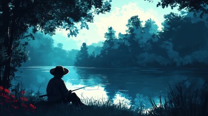 Contemplative man fishing by serene riverbank in nature