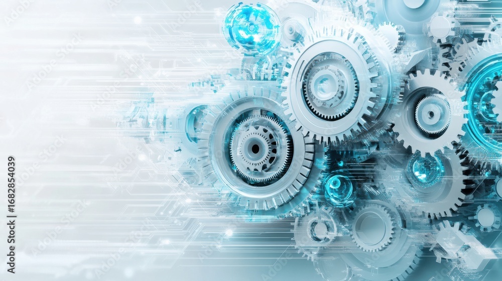 Poster numerous interlocking gears with abstract glowing blue elements