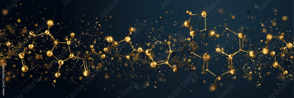 Poster abstract representation of golden molecules and particles floating in a dark background, showcasing 
