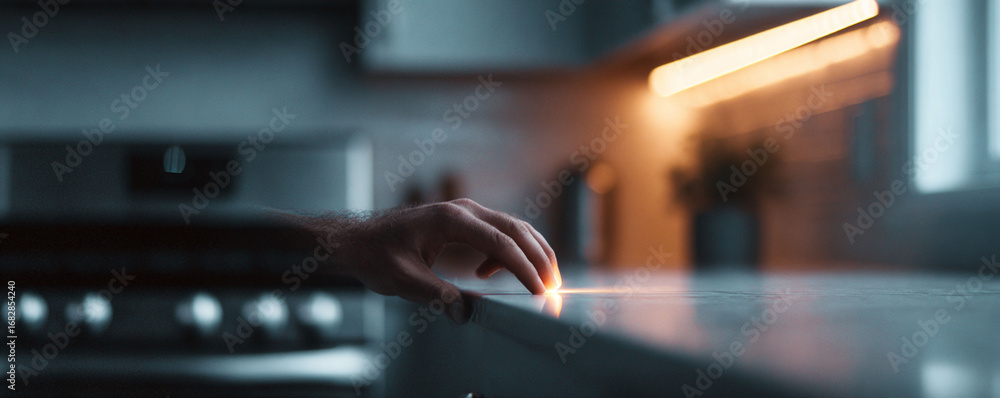 Poster conceptual image showcasing a hand touching a surface with glowing light. evokes themes of connectio