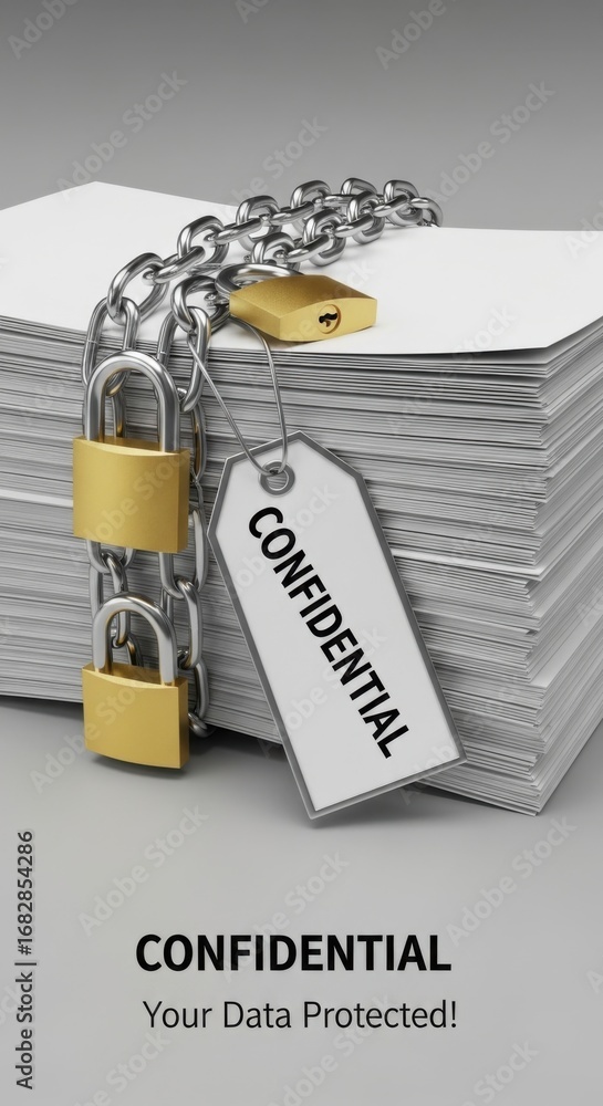 Aufkleber stack of paper secured with chains and padlocks with confidential tag security data protection
