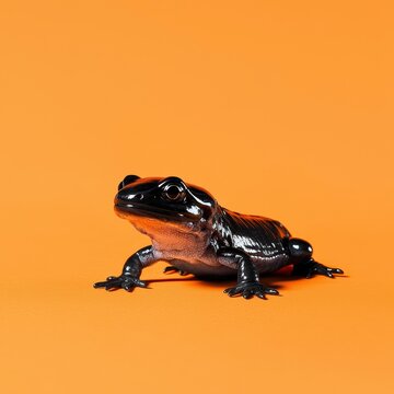 A tiny salamander slinking along, slick skin, pale orange background, copy space on the left,