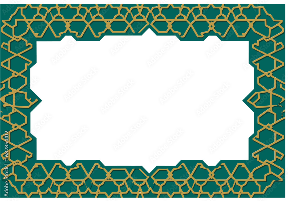 Aufkleber a rectangular frame with gold geometric patterns on a teal background surrounds a white empty center