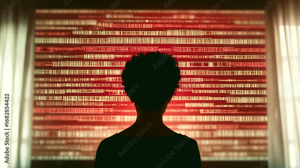 Poster silhouette of a person gazing at a large screen displaying lines of red code.