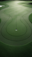 Monochrome, contour-defined putting green with central cup; subtle break lines, gentle internal glow, soft shadows, slightly elevated perspective, serene, geometric elegance.