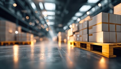 Warehouse interior with stacked cardboard boxes on pallets