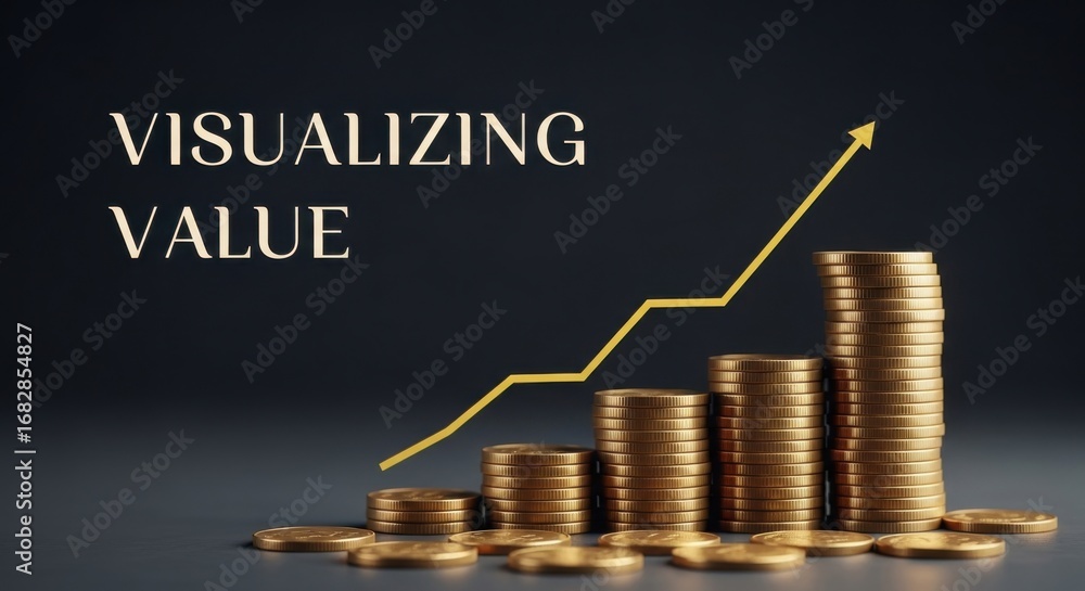 Poster stacks of gold coins with a rising yellow graph line and text visualizing value stacks of coins fina