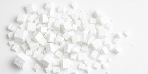 Close-up of scattered, white styrofoam fragments on pure white background,  studio,  detail