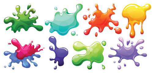 Obraz premium Colorful slime blot collection with glossy liquid splashes and bright paint drops for game design. Vibrant goo shapes with dripping effects. Sticky substance elements for creative kids content.