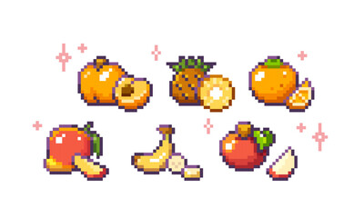 Fruit pixel art collection with peach and pineapple, orange and mango, banana and apple for retro games. 8 bit style food icons with sparkles and sliced versions. Arcade or mobile game assets.