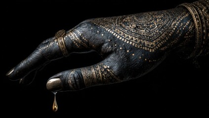 Fototapeta premium Close-up of a hand adorned with intricate, dark-gold henna-like designs