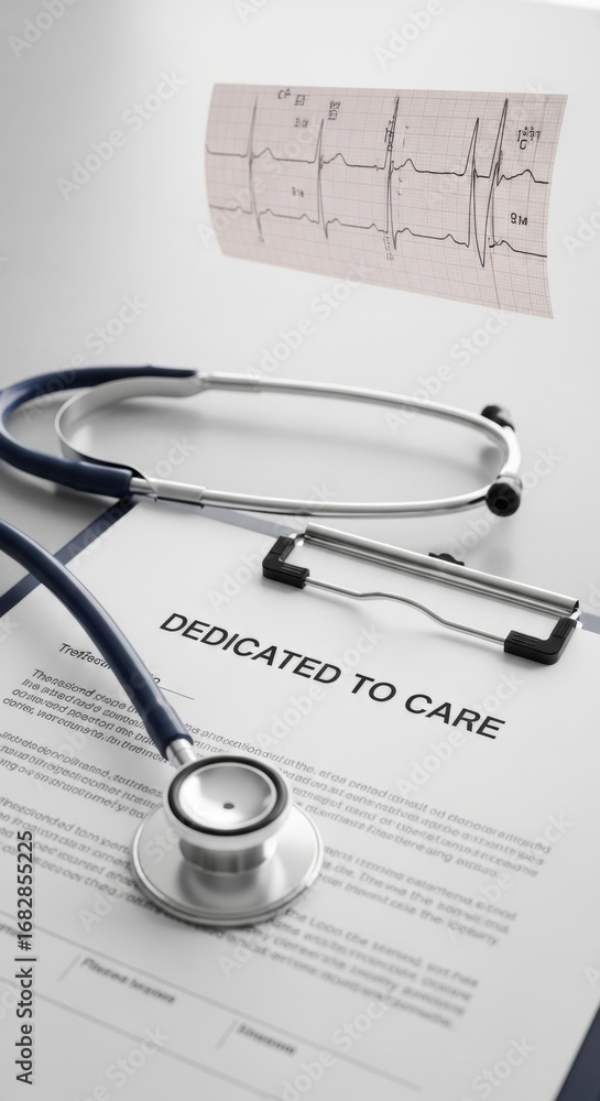 Aufkleber stethoscope and e c g paper on document with text d e d i c a t e d t o c a r e electrocardiogram me