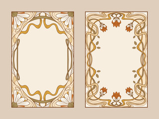 Vintage ornamental designs in art nouveau style with floral frame borders for elegant presentations. Botanical panels with intertwined vines and blooms. Decorative templates for invitations.