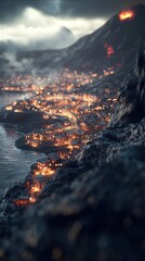 Fototapeta premium Coastal village at night, illuminated houses nestled against volcanic mountain, fiery eruption in background.
