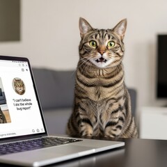 Tabby cat with open mouth looking at laptop screen with funny meme feline animal