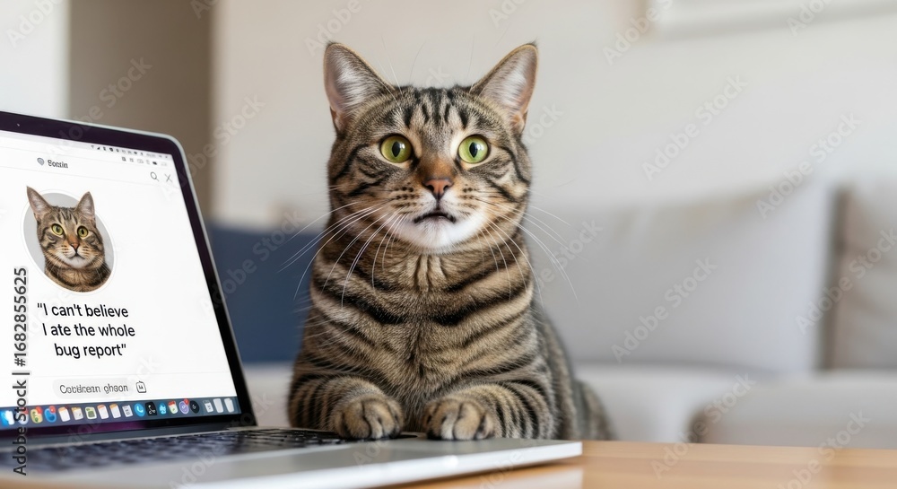 Aufkleber tabby cat with wide eyes looking at a laptop screen displaying a message computer
