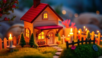 Fototapeta premium Cozy miniature house scene, glowing candlelight illuminates landscape, cozy, tiny house
