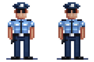 A pixel art representation of a police officer designed in a minimalist style. The character features a blue uniform and a badge on the chest, depicted in a simplified form