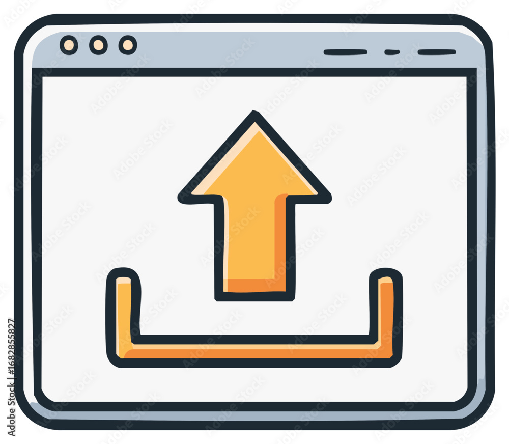 Poster cartoon upload icon. arrow pointing upward, inside a computer screen.