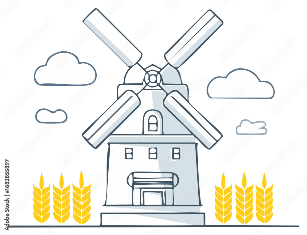 Poster stylized wind mill with wheat fields and clouds in a simple line art design