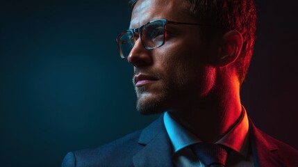 Obraz premium A man in a suit with glasses in dramatic lighting, representing success and future vision for business and management concept.