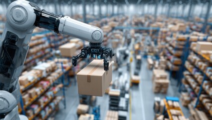 Automated warehouse robots handling a package