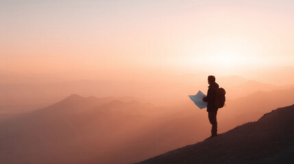 Silhouette of a hiker with a map atop a mountain at sunset. Symbolizes exploration, adventure, and finding your path. Great for travel, and inspirational content.