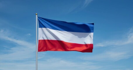 Breeze initiating tricolor flag waving sequence over clear sky, with silver pole and gold finial - Powered by Adobe