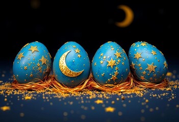 Deep blue eggs with gold stardust, crescent moons, and twinkling stars,  spring,  blue
