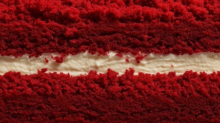 Macro close-up of red velvet crumb texture with white cream 