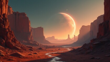 Majestic red rock formations and river under large planet