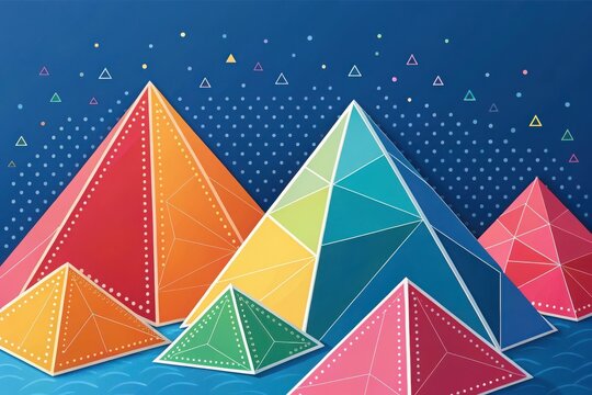 Colorful geometric pyramids arranged on a blue background with scattered triangles and dots abstract