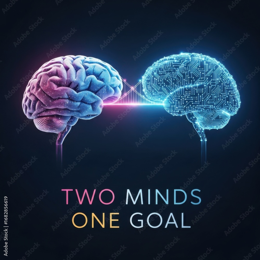 Poster two glowing digital brains connected by light bridge with circuit patterns generative ai business cy