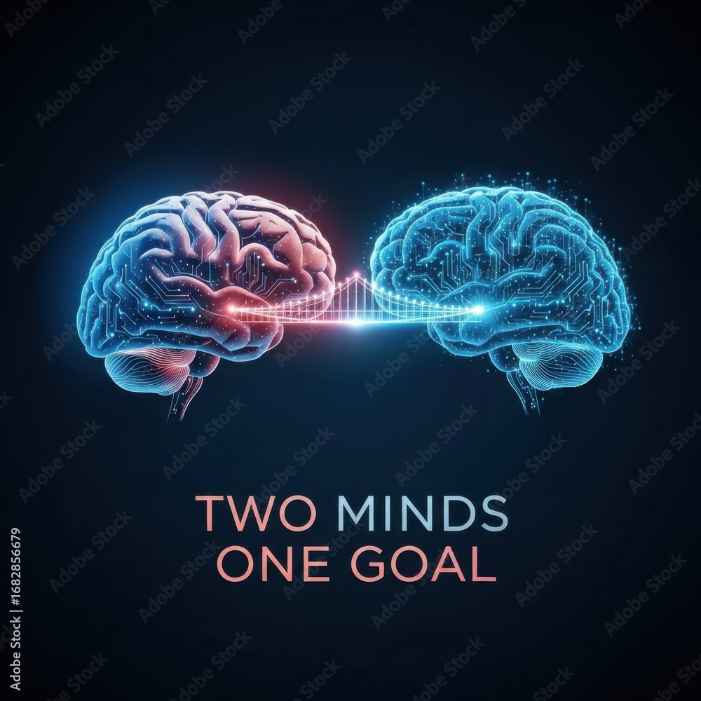 Aufkleber two glowing digital brains connected by light bridge with circuit patterns generative ai business cy