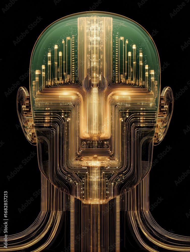 Aufkleber futuristic representation of an artificial intelligence face with glowing circuitry in a dark backgr