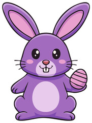 Obraz premium Happy cartoon purple Easter rabbit illustration holding a striped egg for spring celebration