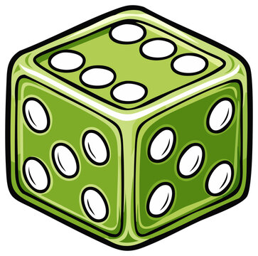 A single green six sided die in a cartoon style showing high numbers for gaming and gambling