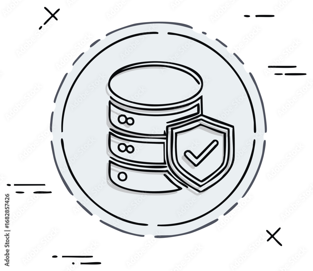 Poster database storage server protected by security shield and check mark, safety concept