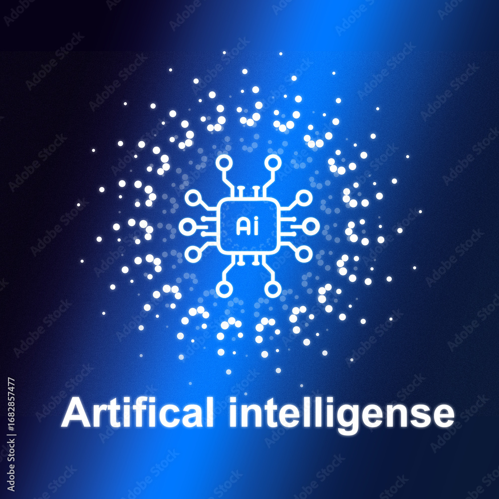 Poster visual representation of artificial intelligence technology with circuit patterns on a blue illumina