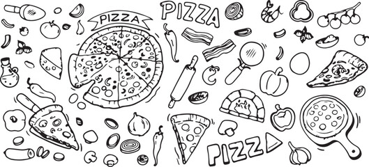 izza & Fast Food Doodles – Pizza Slice, Burger, Sandwich, Soda, Hotdog, Knife, Spoon, Snack, Junk Food, Hand Drawn, Black and White, Cartoon, Doodle Pack, Minimal, Funny, Cute, Food Icons, Sketch Illu