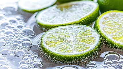 Refreshing clear sparkling water shot in sharp 4K using 35mm f1.4 lens, lime slices and fine bubbles under clean studio lighting