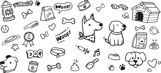 Dog Doodles – Puppy, Bone, Woof Text, Cartoon Dog, Cute Pets, Animal Icons, Paw Prints, Hand Drawn, Black and White, Funny, Sketch, Minimal, Doodle Pack, Playful, Kids Art, Decorative, Fun Illustratio