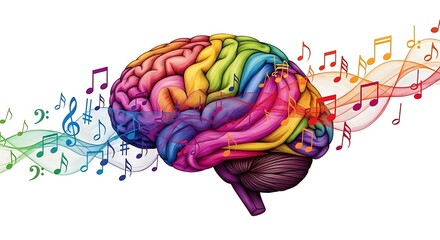 Vibrant, colorful brain illustration with musical notes and sound waves, symbolizing creativity and the power of music on the mind.