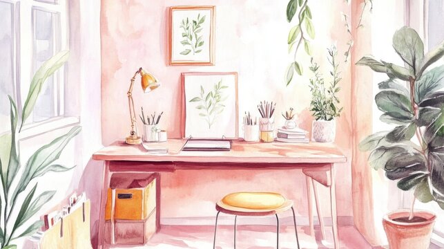 Calm home office setup with laptop and art supplies near window