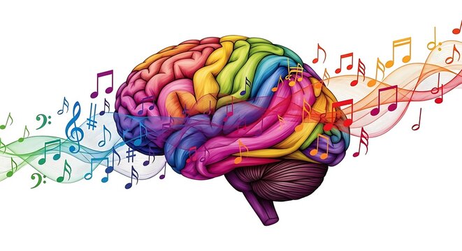 Vibrant, colorful brain illustration with musical notes and sound waves, symbolizing creativity and the power of music on the mind.