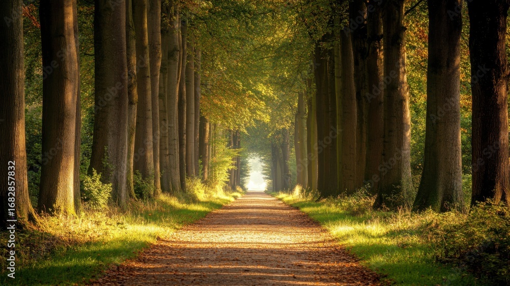 Poster sunlight filtering through trees on a peaceful forest path