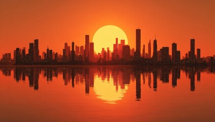 City skyline at fiery sunset reflected in water