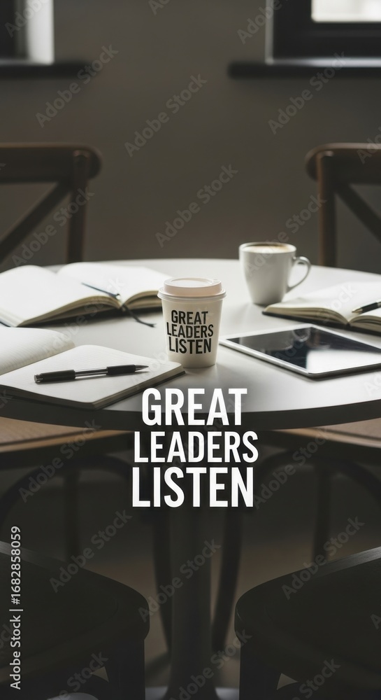 Poster white coffee cup with text g r e a t l e a d e r s l i s t e n on table with open notebooks and tabl